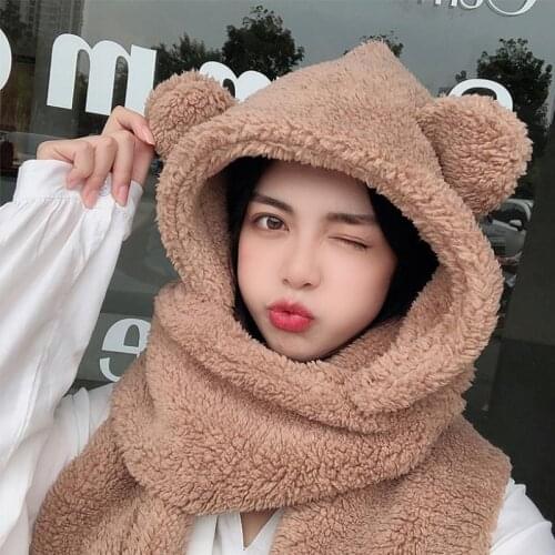 3in1 Hat Gloves Scarf Set With Bear Earflaps Warm Winter Womens Scarf With Cap Faux Lamb Wool Girls Cute Ears Hats Snood