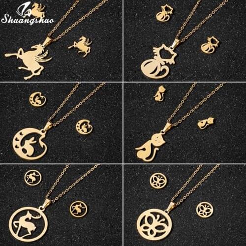 Shuangshuo Stainless Steel Jewelry Set Lovely Unicorn Kitty Rabbit Pendant Necklace Earrings for Women Bohemiant Jewelry Gift