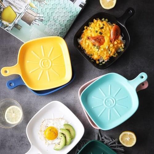 Nordic Creative Smiley Face with Cheese Rice Plate Ceramic Handle Plate Deep Plate Flat Oven Grill Plate