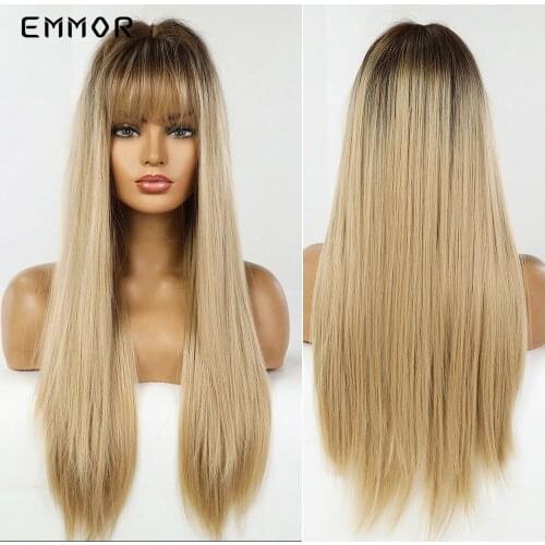 Emmor Natural Ombre Brown Blonde Wig for Women Synthetic Straight Wigs with Bangs Heat Resistant Fiber Cosplay Party Hair Wig