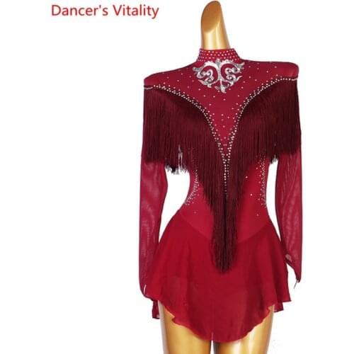Latin Dance Dress Stand-Up Collar Diamond Tassel Skirt Long Sleeves Practice Clothes Custom Adult Child Performance Clothing