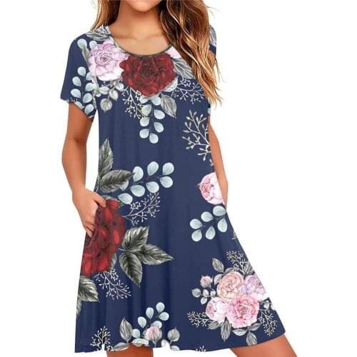 New Women Dress Floral Print Knee Length Summer Round Neck Short Sleeve Side Pockets Dress robe femme платье летнее женское2021