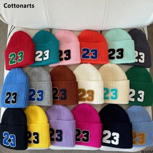 Fashion Digital 23 Patch Warmer Knitted Hats for Women Solid All-mamtch Skullies Cap Men Street Casual Winter Hat Hip-hop Bonnet