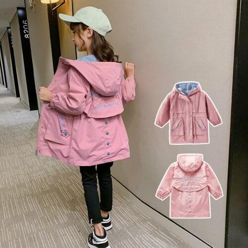 Baby Girl trench coat hood Cotton Long trench girls 2020 Autumn Casual hooded outerwear Zipper Coats Kids windbreaker letter