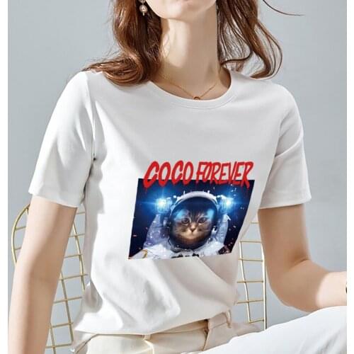 Womens Short-sleeved Summer White T-shirt All-match Casual Aerospace Cat Print Pattern Top Slim O-neck Commuter Comfortable Top