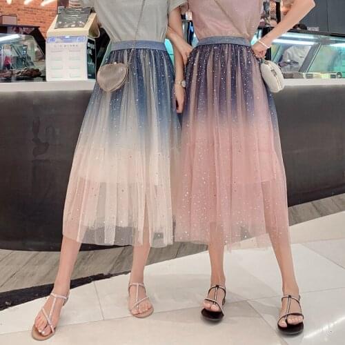 2020 Spring Summer Korean Women Elastic High Waist Tulle Skirts Long Pleated Mesh Gradient Color Tutu Skirts Female Jupe Longue