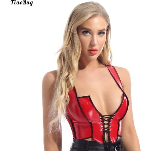 TiaoBug Women Gothic Sexy Corset Tank Top Punk PU Bandage Patchwork Bustier Wet Look Sleeveless Vest Clubwear Streetwear Costume