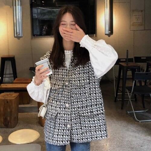 Hstar Women Sets Autumn Elegant Vests Plaid Fashion Blouse Puff Sleeve Lace Embroidery Tops Casual Office Streetwear Female