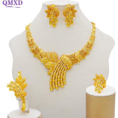 Gold Jewelry Sets Women Necklace Earrings Dubai African Indian Bridal Accessory flowers Jewelry sets Necklace