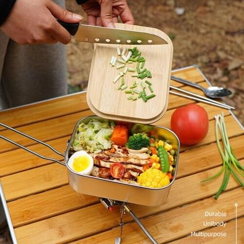 304 stainless steel lunch box outdoor bamboo wood cutting board cover lunch box camping barbecue soup pot portable lunch box