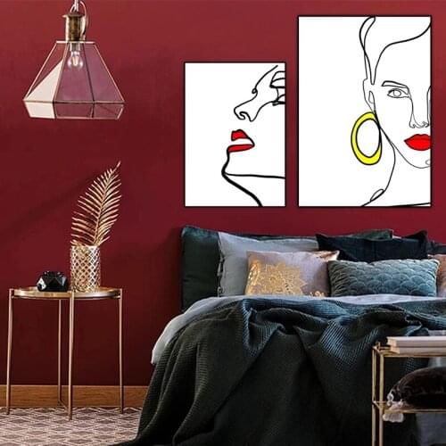 Abstract Lady Line Painting Nordic Canvas Painting Sexy Red Lips Wall Art Figure Pictures For Living Room Home Decoration
