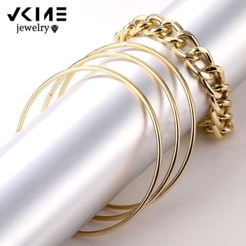 VKME Punk Miami Curb Cuban Thick Bracelets Bangles Simplicity many Thin round Gold Color Chunky chain Bracelet Jewelry