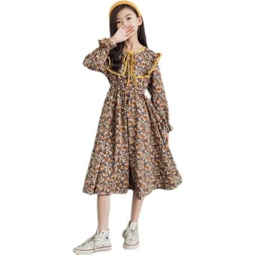 6 8 10 11 12 14 15 16Years Teenagers Girls Floral Cotton Linen Long Sleeve Fluffy Dresses Big Girls Autumn Winter Fall Dress