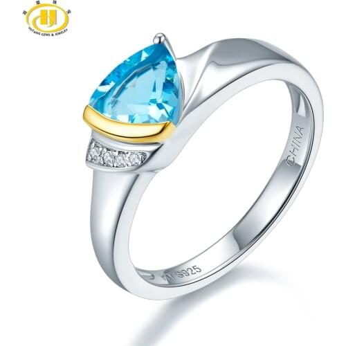 Hutang 925 Sterling Silver Ring 1.63 Carats Natural Swiss Blue Topaz & Cubic Zirconia Rings Classic Style Fine Jewelry for Girl