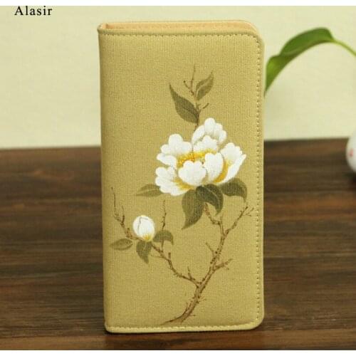 Alasir Retro Wallet Lady Wallet Hand-painted Flowers Chinese Style Originally Created Kaki Canvas Card Holders Women Flowers