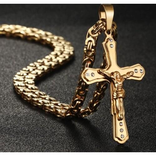 JESUS Christ Crucifix Cross Crystals Pendants Necklaces Stainless Steel Link Chain Necklaces Men Jewelry Gift 22-28" Long NC03