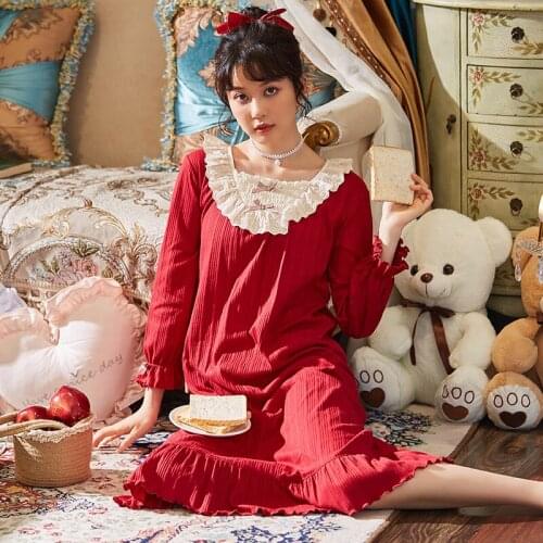 M-5XL Nightdress Womens Sleepwear 2021 Sexy Nightgowns Cotton Long Sleeve Nightwear Night Dress Lace Vintage Lady Nighty Pijama