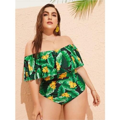 2021 New Sexy Off The Shoulder Solid Swimwear Women One Piece Swimsuit Female Bathing Suit Ruffle Monokini Swim Wear 3XL