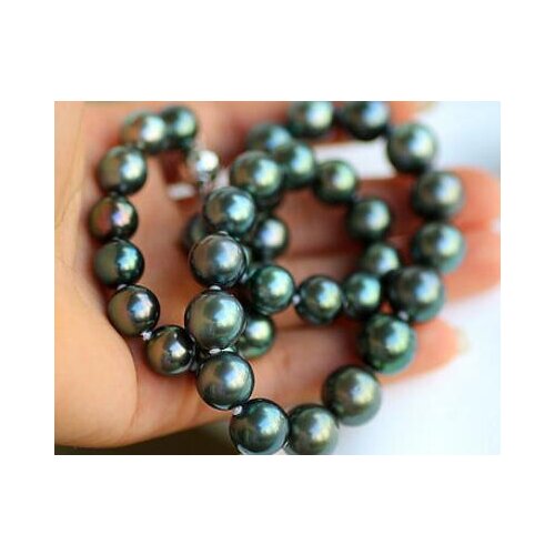 Free shipping stunning AAA11-12mm Tahitian round peacock green pearl necklace 18"silver