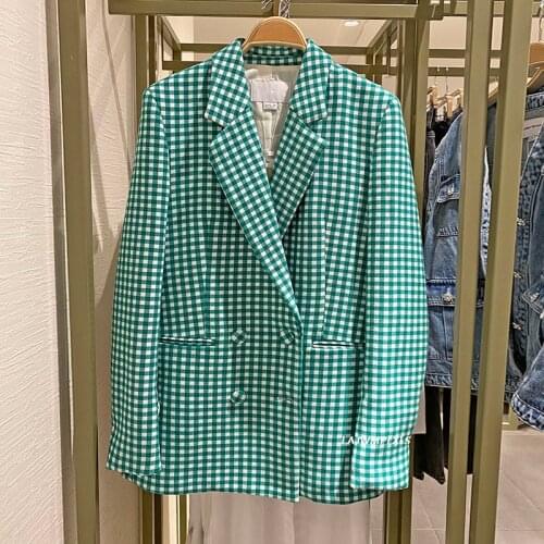 Autumn 2021 Women Green Black White Plaid Blazers and Jackets Work Office Lady Suit Elegant Formal Blazer Coat Retro Outerwear
