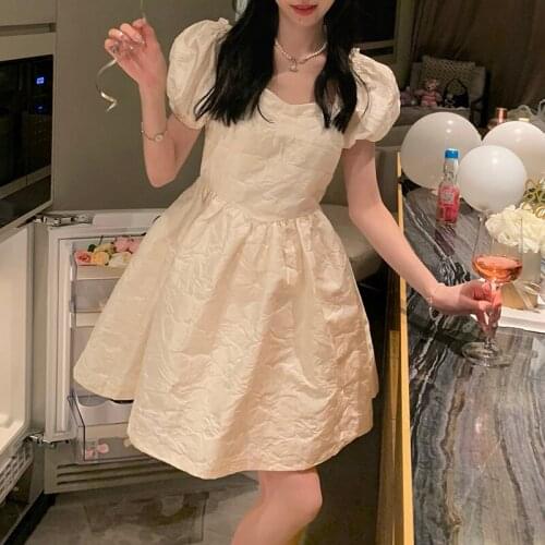 Dress Square Neck Puff Sleeve Short Sleeve Dress Female Summer New Style Skirt Korean High Waist Casual Short Skirt