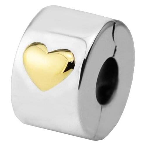 Fits For Pandora Bracelets Classic Heart Clip Charms with 14K Real Gold 100% 925 Sterling-Silver-Jewelry Beads Free Shipping
