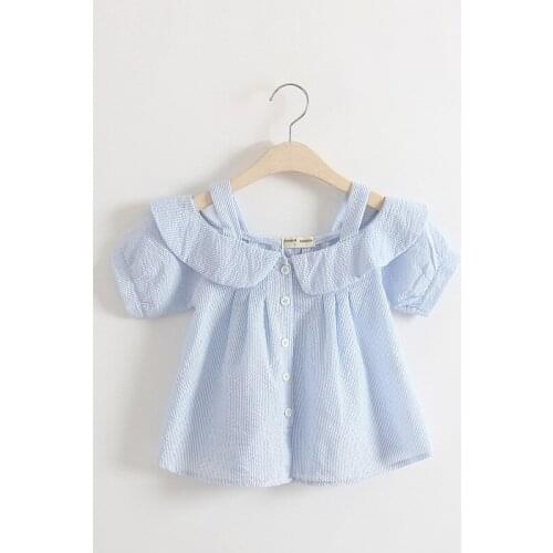 Newborn Baby Girl Kids Toddler Suspender Strap Halter Backless Short Sleeve Top Shirt Blouse Blusas Blue Stripes Summer Clothes