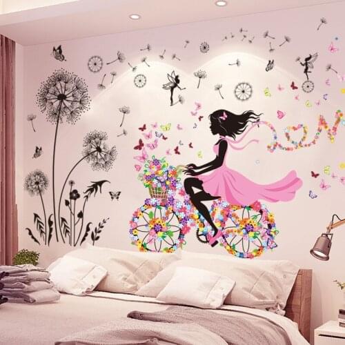 [shijuekongjian] Black Dandelion Flowers Wall Stickers DIY Fairy Girl Mural Decals for House Living Room Kids Bedroom Decoration