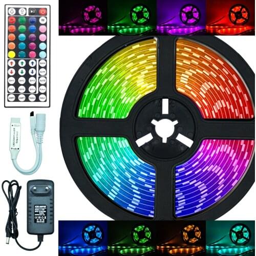 LED Strips Lights RGB 5050 2835 SMD Flexible Ribbon Waterproof Luces LED 5M 10M 15M Tape Diode DC 12V Infrared Control + Adapter