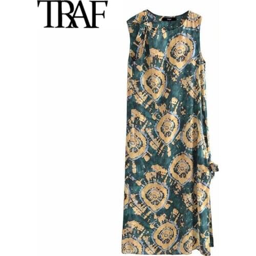TRAF Women Chic Fashion With Knotted Tie-Dye Print Midi Dress Vintage Sleeveless Side Slit Female Dresses Mujer