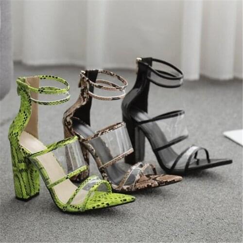 Women sandals PVC Slip On 10CM Square heel High heels Pointed Toe Shallow Serpentine sandal women shoes 2020 size 35-42 black