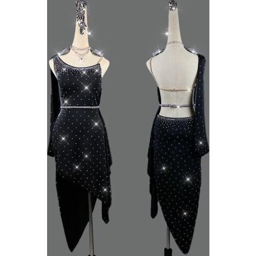 Latin Dance Dress Women Competition Clothing Costumes Black High-end Backless Sexy Flash Diamonds Full Of Stars Latin Dress