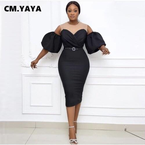 CM.YAYA Women Midi Dress Chiffon Patchwork Puff Short Sleeve O-neck Zip Pencil Dresses with Sashes Office Lady Vestidos Summer