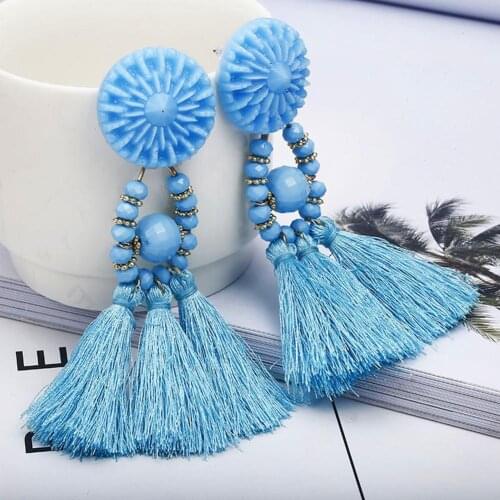 Bohemian Tassel Crystal Long Drop Earrings for Women Red Cotton Silk Fabric Fringe Earrings 2020 Fashion Woman Jewelry
