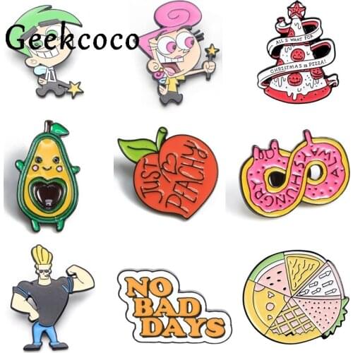 20pcs/lot J1209 Geekcoco Cartoon Pizza Fruits Brooches Couple Enamel Pins Clothes Collar Lapel Pin Bag Metal Badges Jewelry