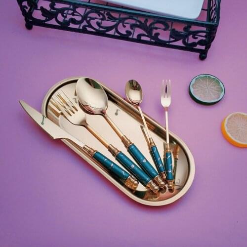 Hot sale ceramic handle green gold marble Pattern court 304 stainless steel knife fork spoon 4pcs set tableware dinnerware