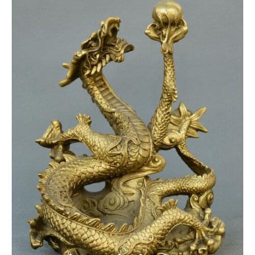 Chinese fengshui old Bronze carve Fortune dragon Play beads auspicious Statue