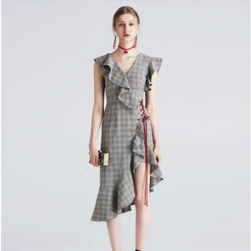 Summer Party Dresses New Women Ruffles Plaid V neck Gray dress for girls High Quality Clothing Free Shipping