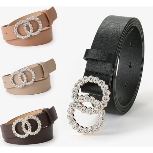Fashion Pearl Double Round Buckle Belt Waistband PU Leather Solid Color Women Wild Waist Belt Jeans Decor