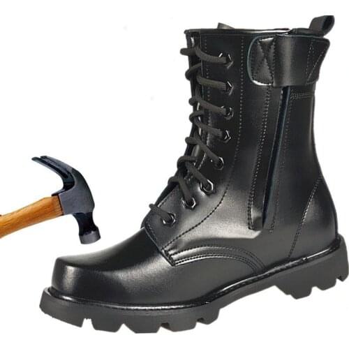 2021 Steel Toe Men Military Boots Leather Safety Shoes for Men Spring Fashion Lace Up Black Ankle Platform Motorcycle Boots