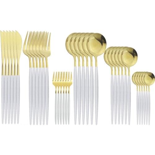 36Pcs White Gold Cutlery Sets Stainless Steel Tableware Dinnerware Set Cake Fruit Forks Coffee Spoon Knife Flatware Set Kitchen