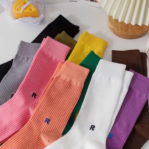 10 Colors Korean Fashion cotton Solid Color R Letter Candy socks women cotton Color Loose Vertical Pattern Long Womens Socks