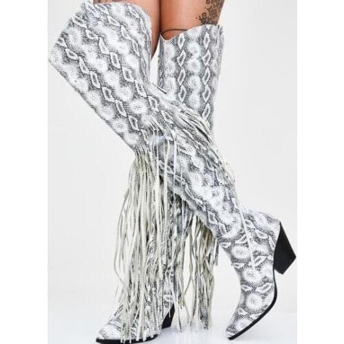 Winter New Woman White Black Python Tassel Over The Knee Boots Sexy Super Fringed Chunky Heels Pointed Toe Long Boots Shoes