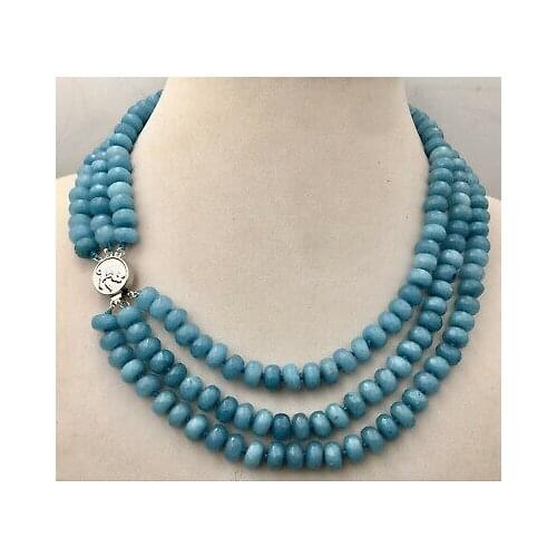 New Huge 5x8mm NATURAL Aquamarine FACETED BEADS NECKLACE 3 Row 17-19