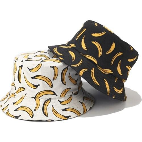 New Banana Foldable Bucket Hat Print Reversible Womens Fisherman Hat Street Hip-hop Sun Protection Cap Couple Unisex Panama