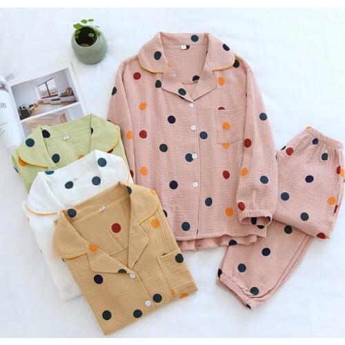 Pajama Sets Long-sleeved Trousers Spring Cotton Gauze Pajamas Womens Sexy Sweet Polka Dot For Women Sleepwear