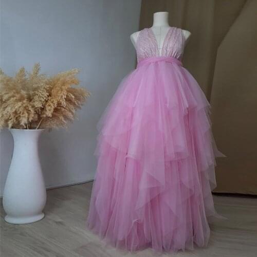 Haute Couture Maternity Gown for Photoshoot Real Image Custom Made Pregnant Dresses Babyshower Party Dress Pink Lace Tulle Robes