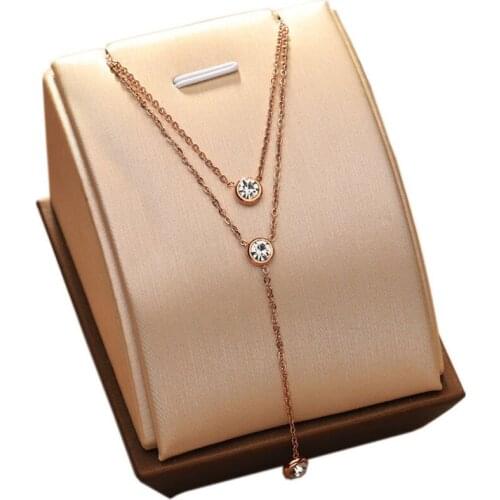 316L Stainless Steel Simple Double-layer Necklace With Three Crystals And Tassels For Womens Jewelry
