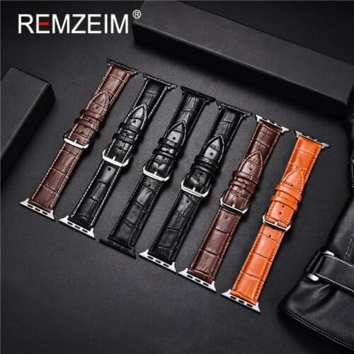 REMZEIM Cowhide Leather Strap for Apple Watch Band 44mm 40mm iwatch 6 5 4 3 2 Wristband 42mm 38mm bracelet Watch Accessories