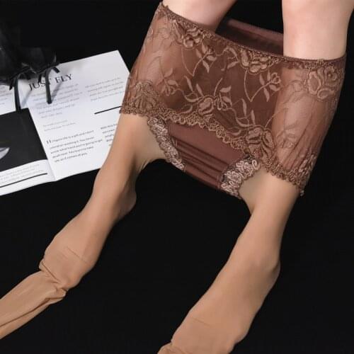 Sexy Patchwork Tights Oil Flashing Lace Top Silk Stockings Female Erotic Lingerie Plus Size High Waist Transparent Pantyhose